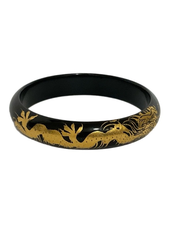 Vintage Jewelry - Black Lacquer Bangle Bracelet with Gold Dragon Design